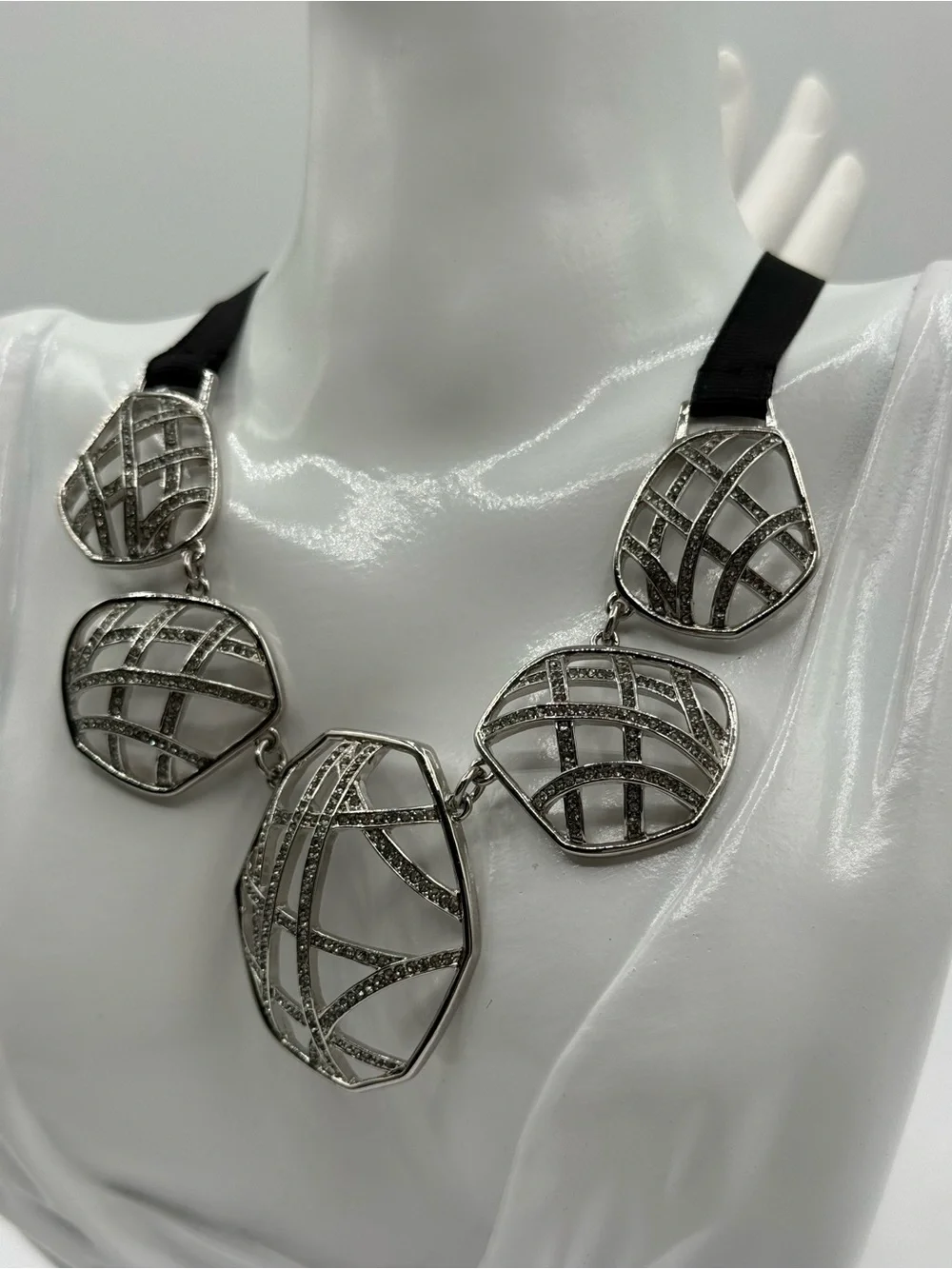 Simply Vera Silver Tone Geometric Statement Necklace Black Ribbon Collar